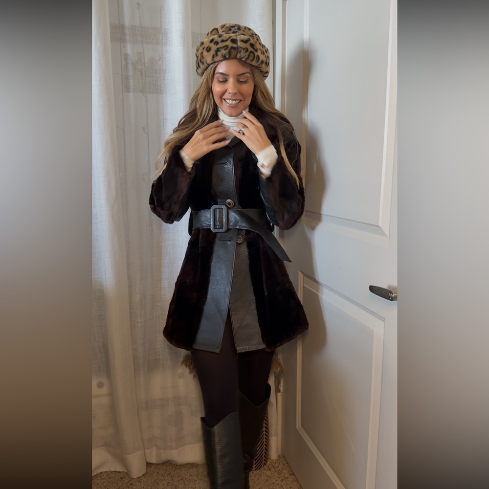 Vintage 70s Tolchinsky Brown Fur & Black Leather Trench Coat Belted Boho Jacket